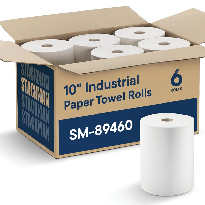 Stack Man Industrial Paper Towels 10 x 800 White Roll Towels High Capacity Premium Quality (TAD Fabric Cloth Like Texture) Fits Touchless Automatic Commercial Towel Dispenser (Packed 6 Rolls) - Image 1